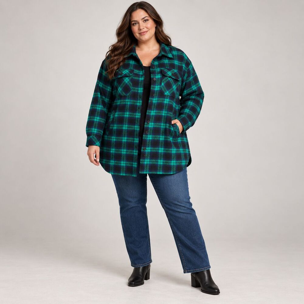 Torrid Shacket Womens 3X 22 24 Green Navy Plaid Brushed Cotton Shirt Jacket NWT